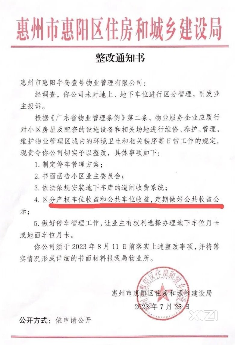 物业未对地上、地下车位进行区分管理被住建局责令限期整改！