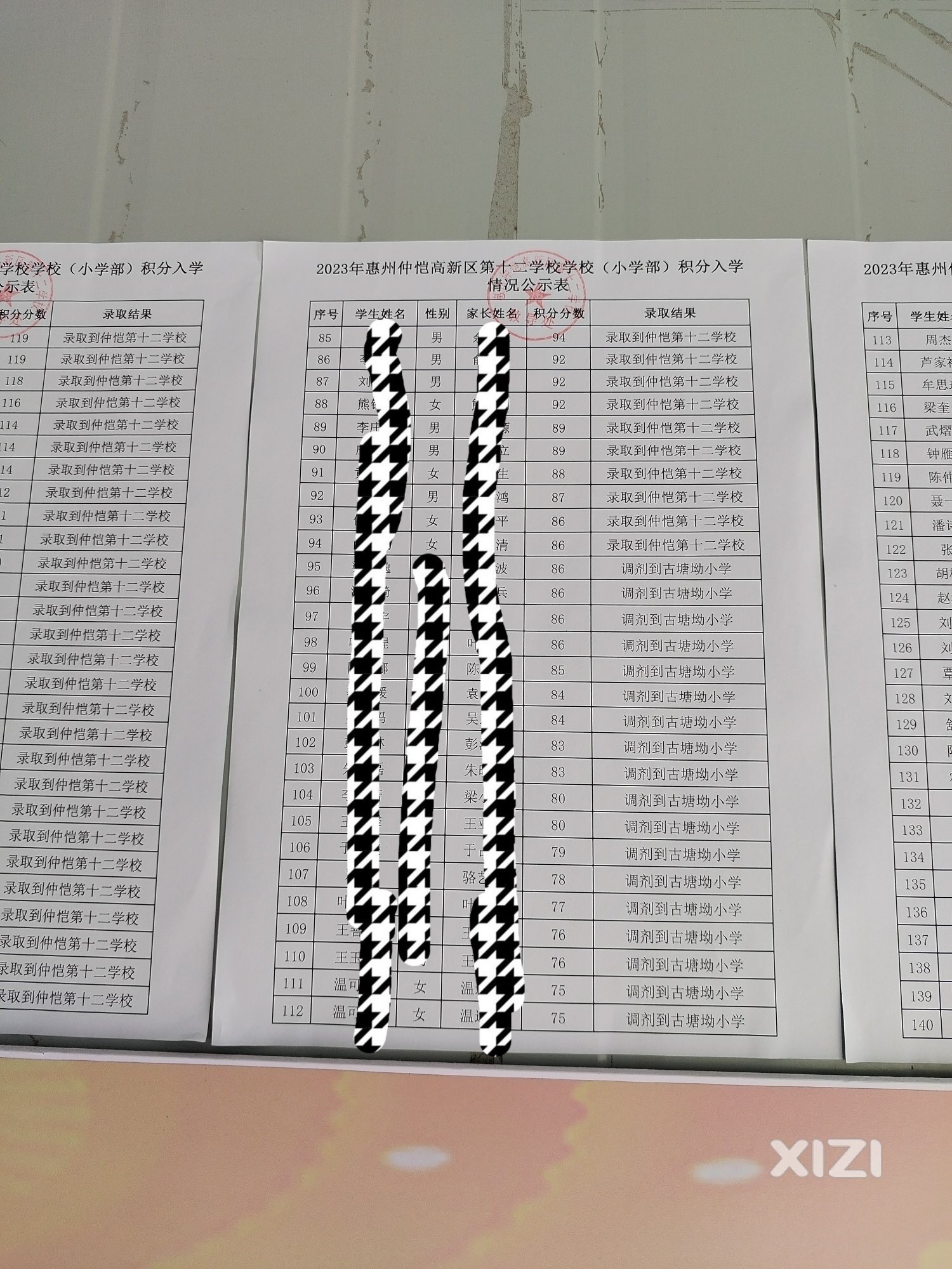仲恺十二学校积分入学最低分出来了