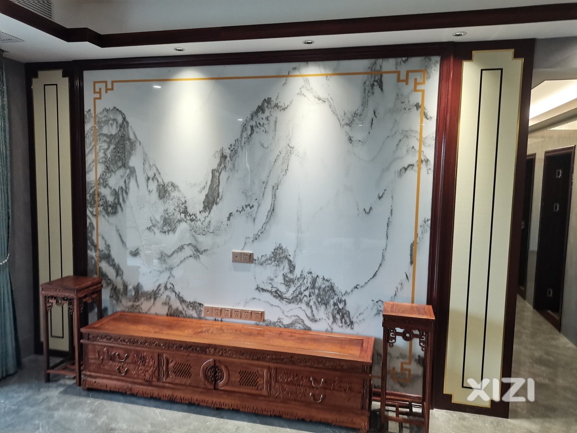 岩板背景墙新中式