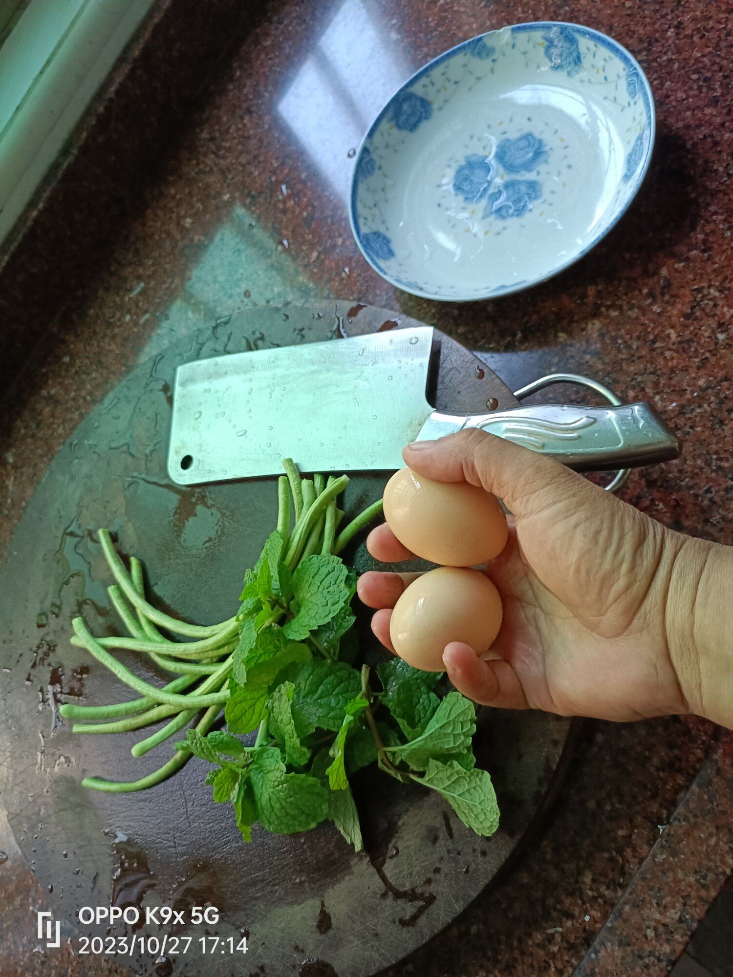 薄荷叶，豆角切碎煎蛋