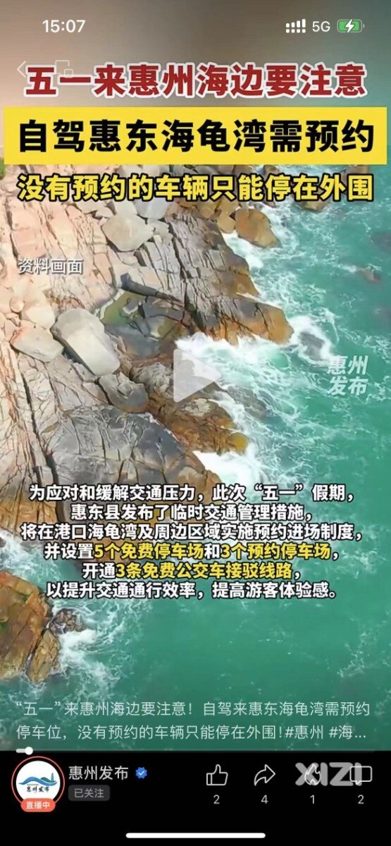 来惠州海边要注意！自驾惠东海龟湾需预约，没有预约的车辆只能停在外围