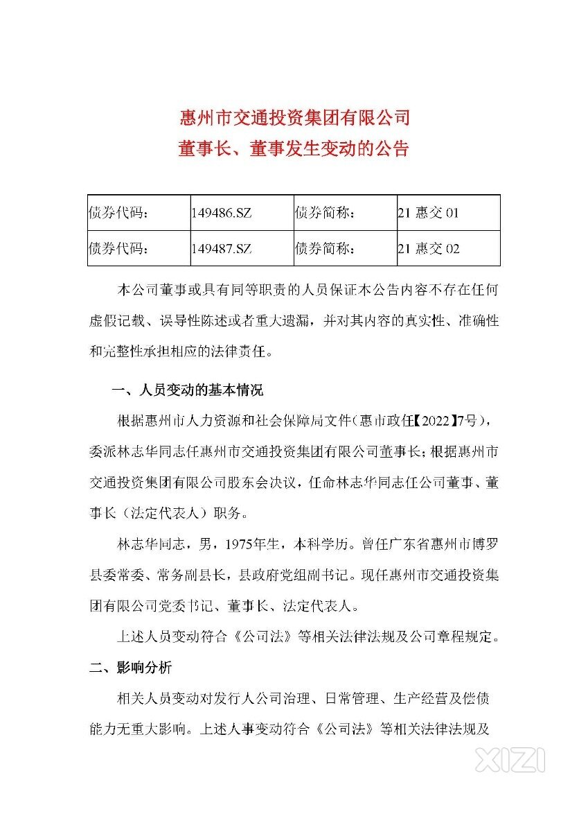 21惠交02:惠州市交通投资集团有限公司董事长、董事发生变动的公告