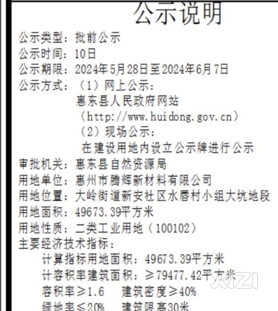 总占地75亩。大岭工业园又要动工建设1个大工业项目：腾辉新材料