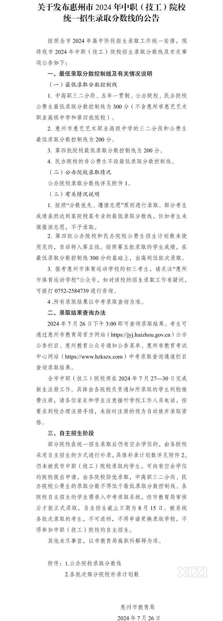 关于发布惠州市2024年中职（技工）院校统一招生录取分数线的公告