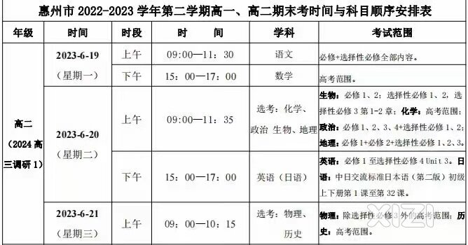 高一期末考安排