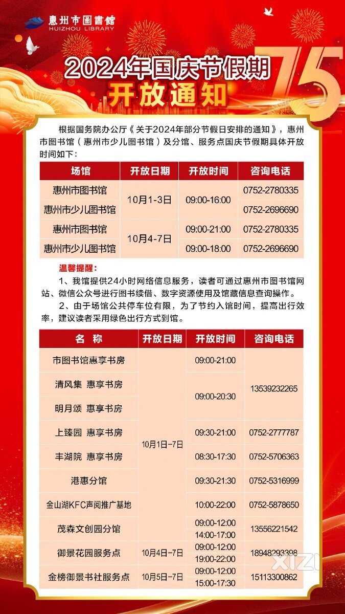 惠州市图书馆2024年国庆节假期开放通知 ​​​